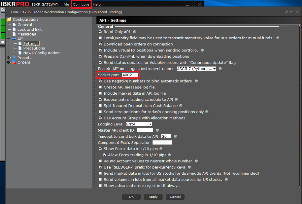FIX API Terminal Edit login dialog with Type set to Interactive Brokers, Port IB Gateway and IP IB Gateway fields